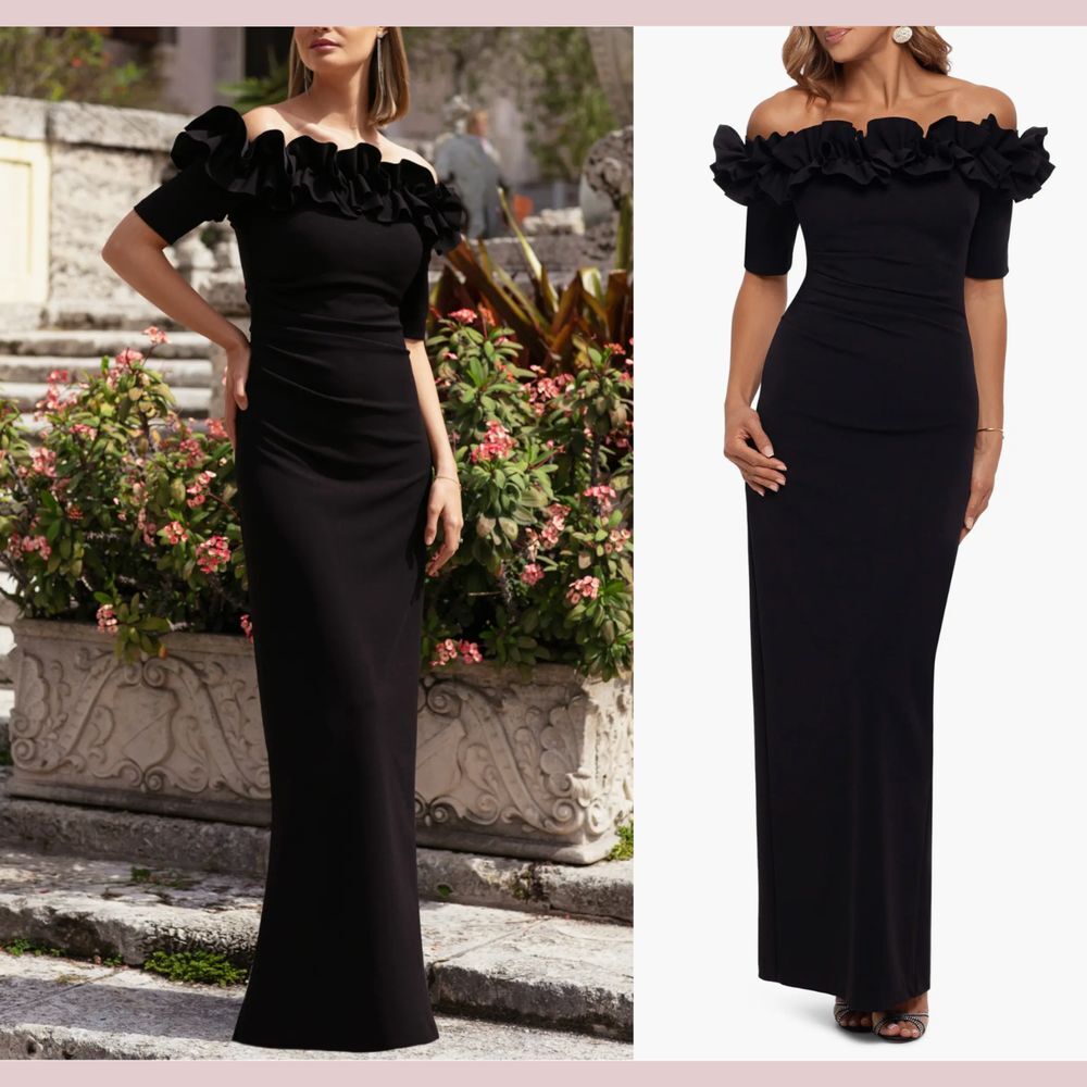 NWT $238 Xscape [ PETITE 16P ] Ruffle Off‎ Shoulder Crepe Column Gown Black